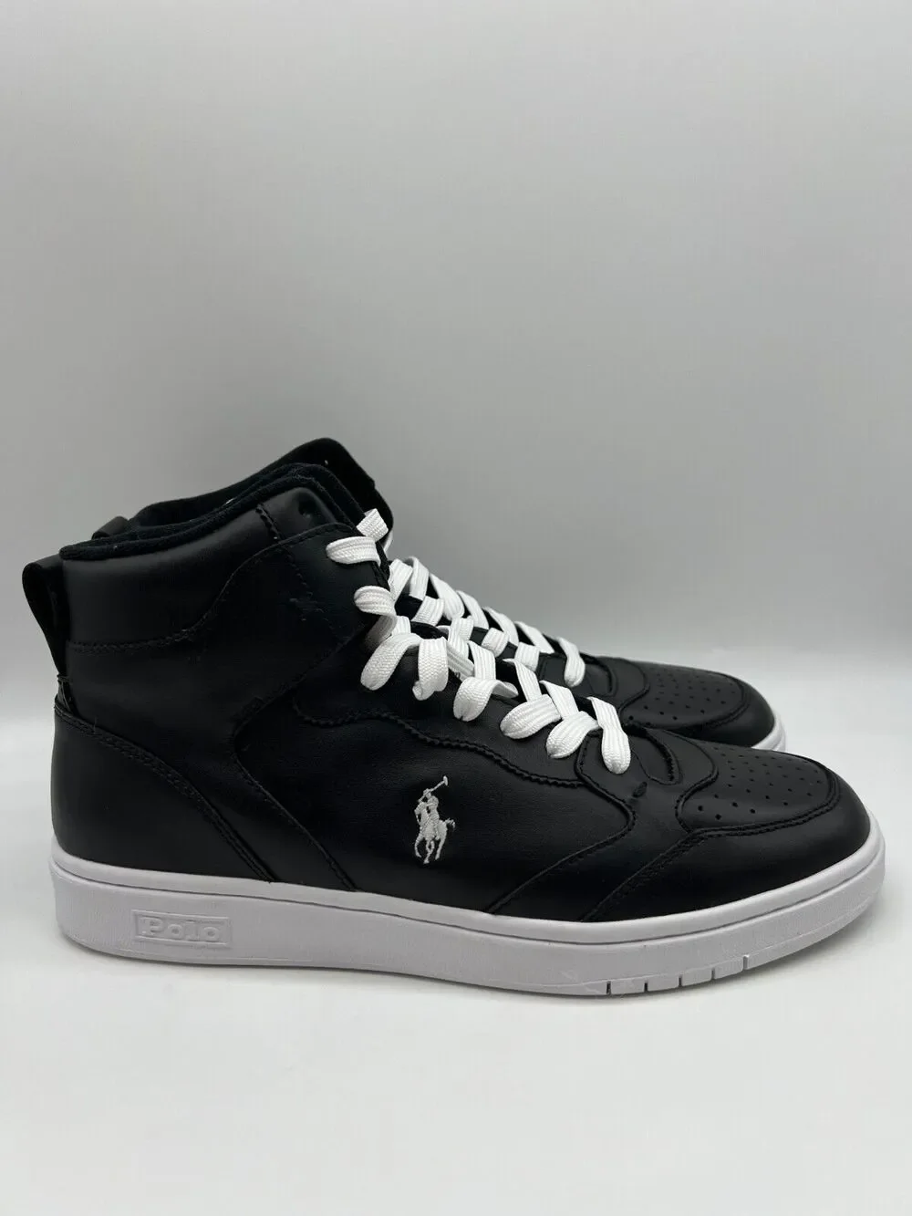 Polo Ralph Lauren Court Leather High Top Sneaker Black/White Size 9